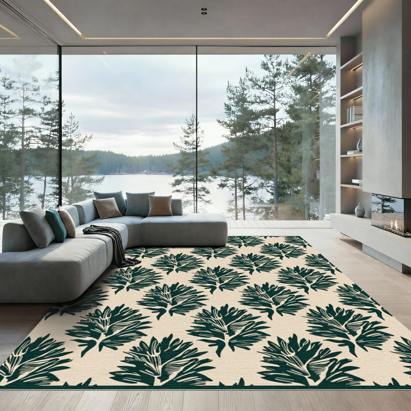 Deep Teal Fern Allover Repeat Rug
