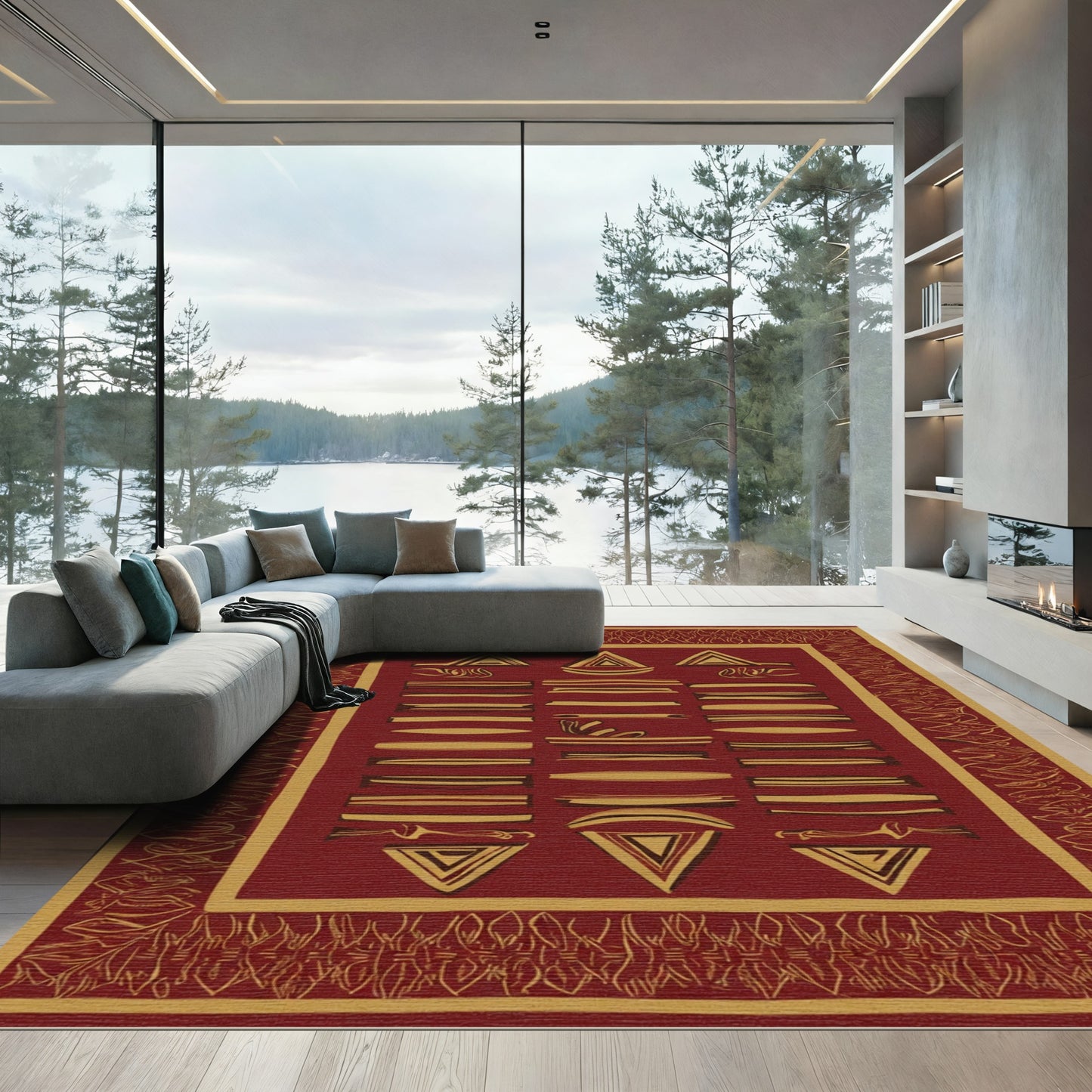 Crimson Gold Abstract Geometric Stripe Rug