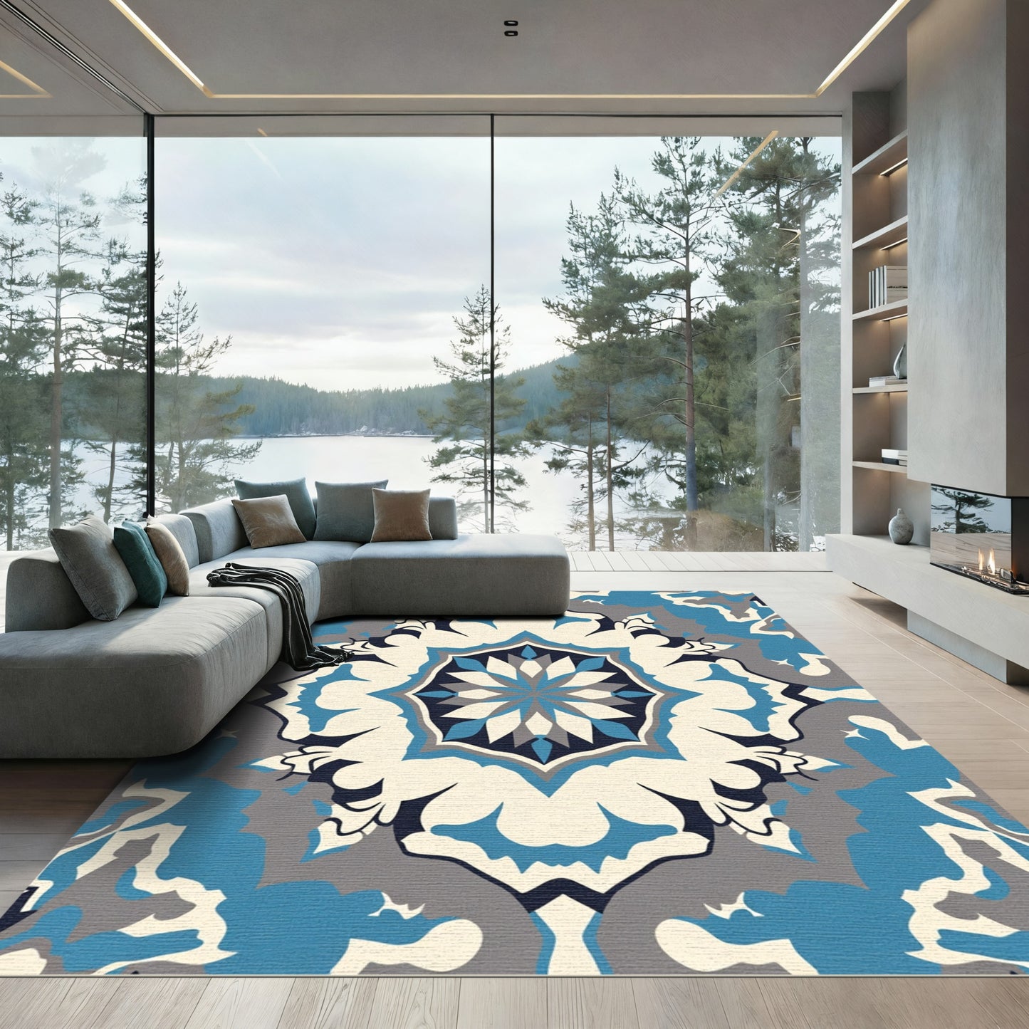 Modern Tonal Blue Floral Medallion Rug