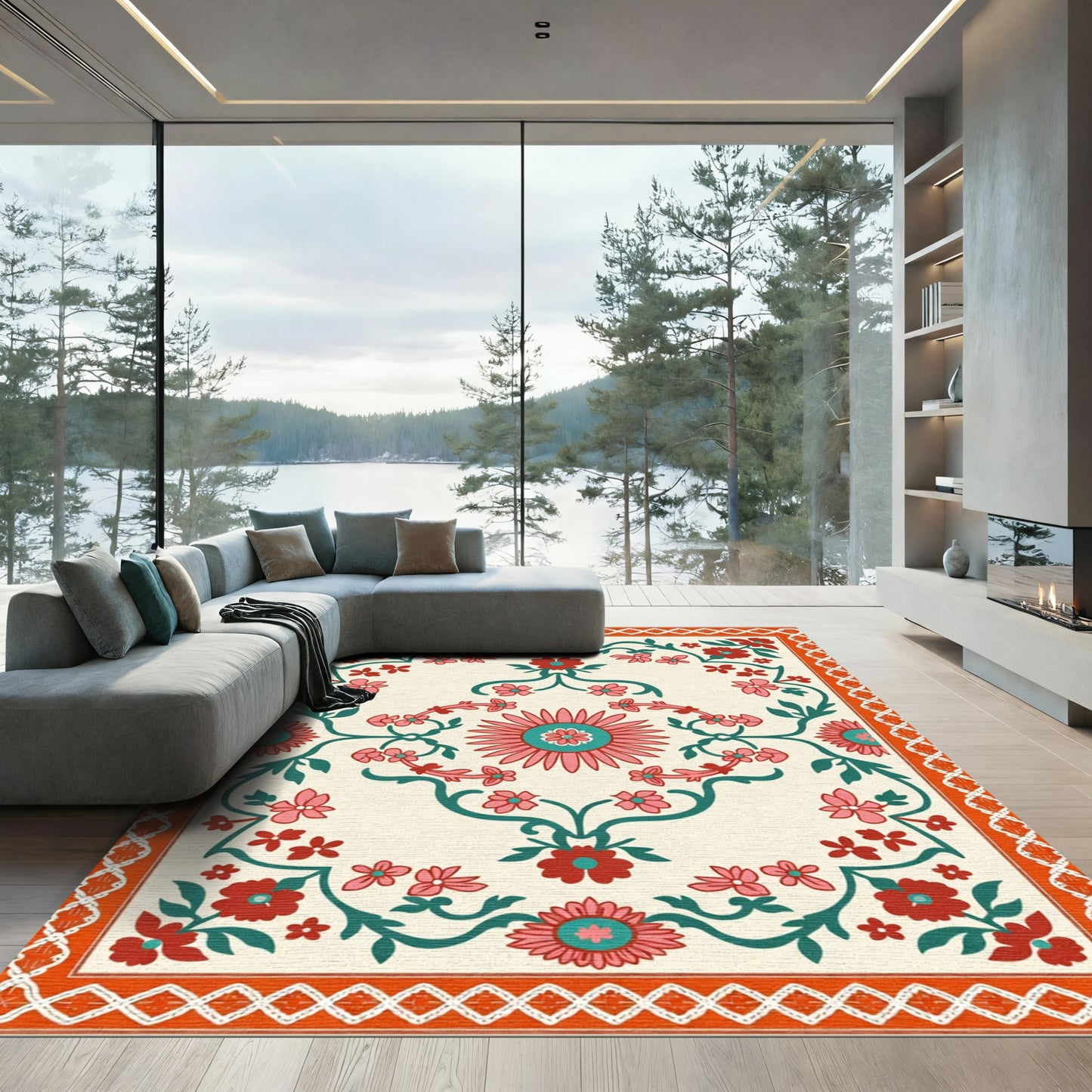 Crimson Coral Floral Vine Medallion Rug