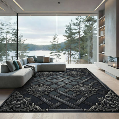 Ornate Dark Gray Wood Lattice Rug