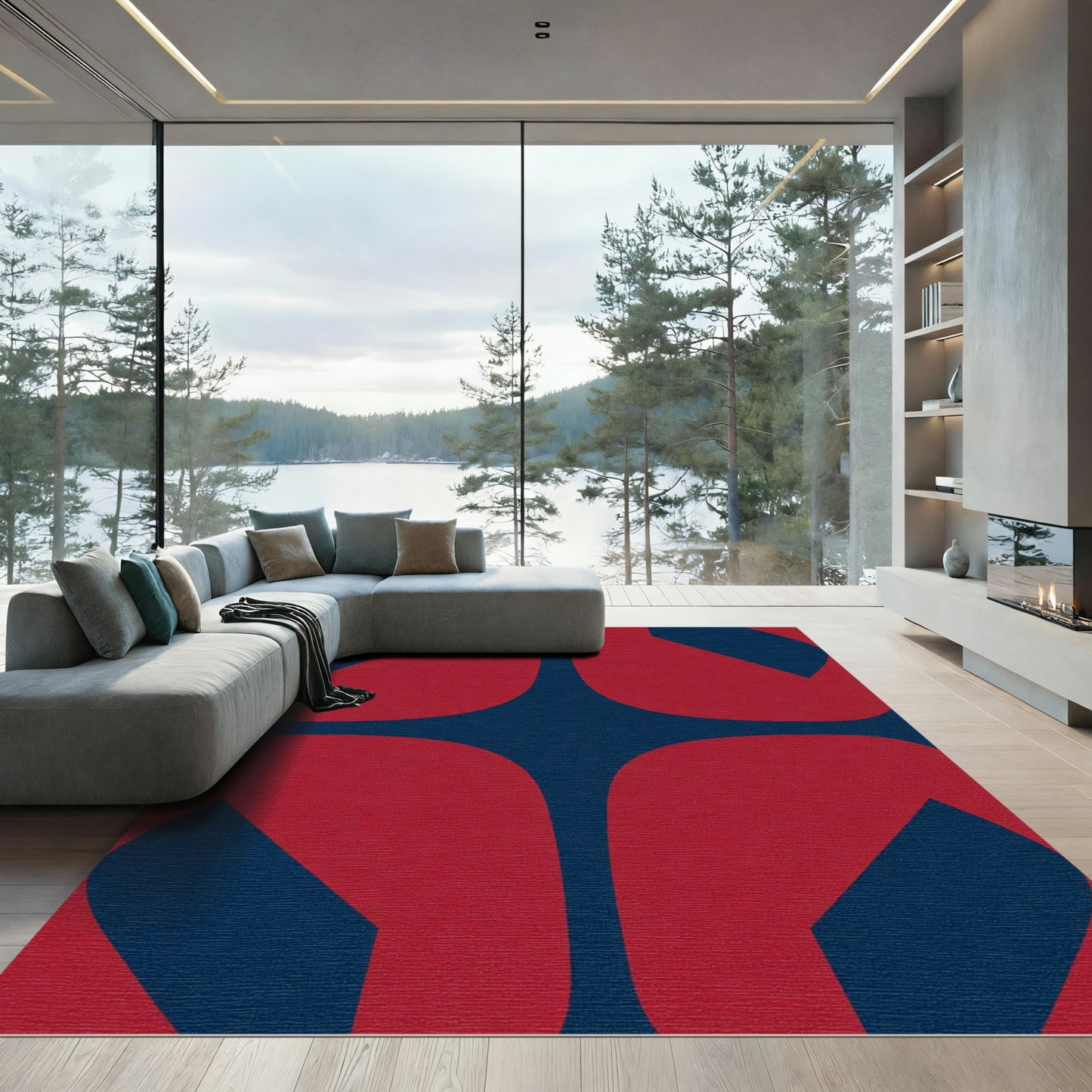 Bold Red Navy Abstract Shapes Rug