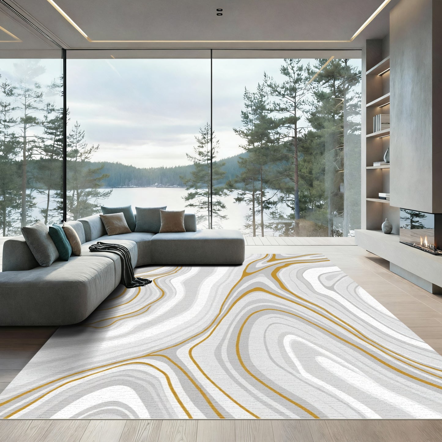 Gold White Gray Abstract Swirl Rug