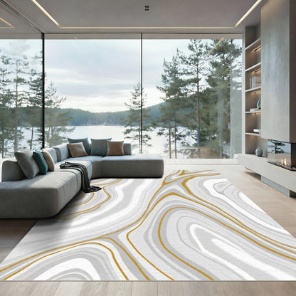 Gold White Gray Abstract Swirl Rug