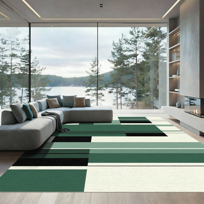 Modern Forest Green Geometric Blocks Rug