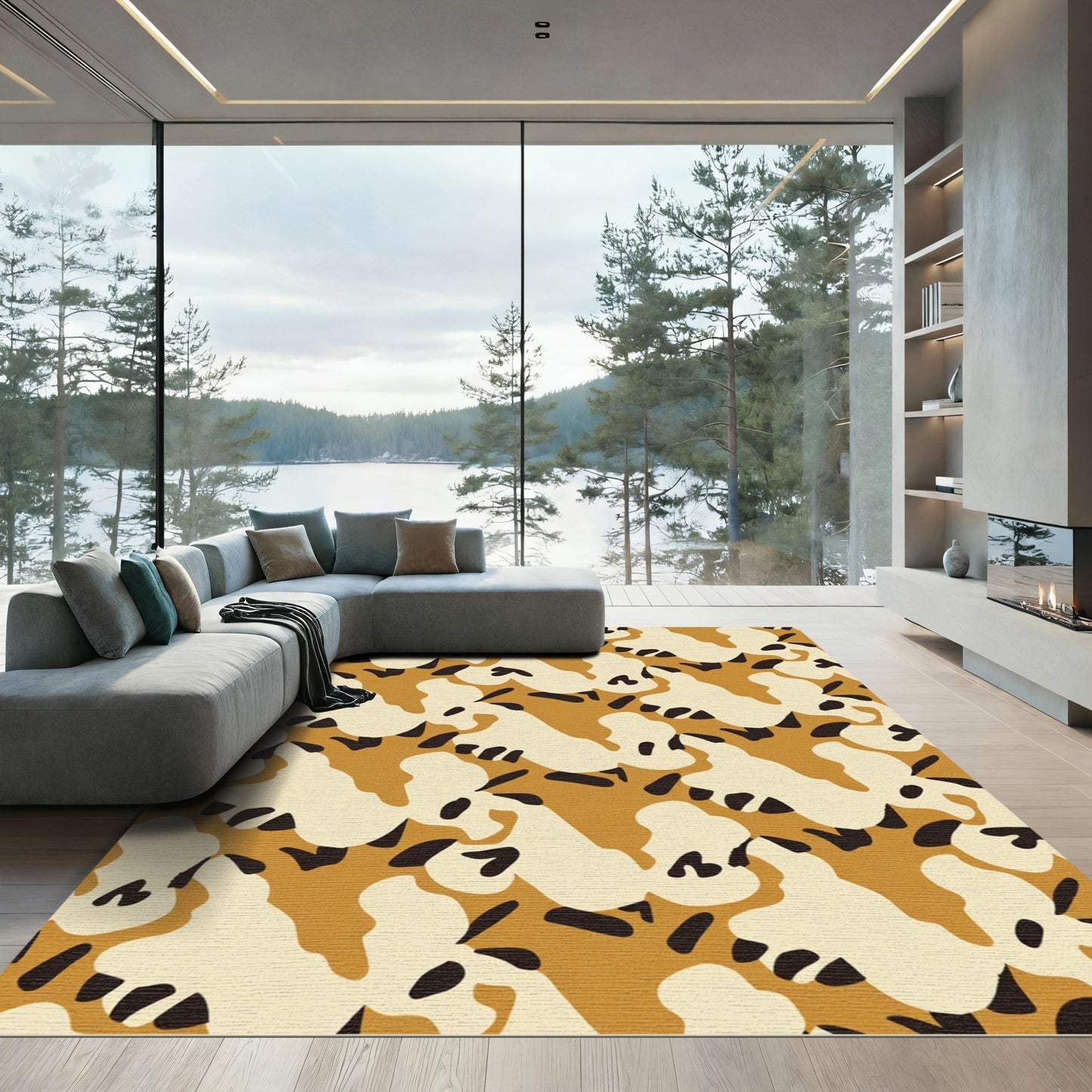 Abstract Ochre Cream Organic Shapes Rug