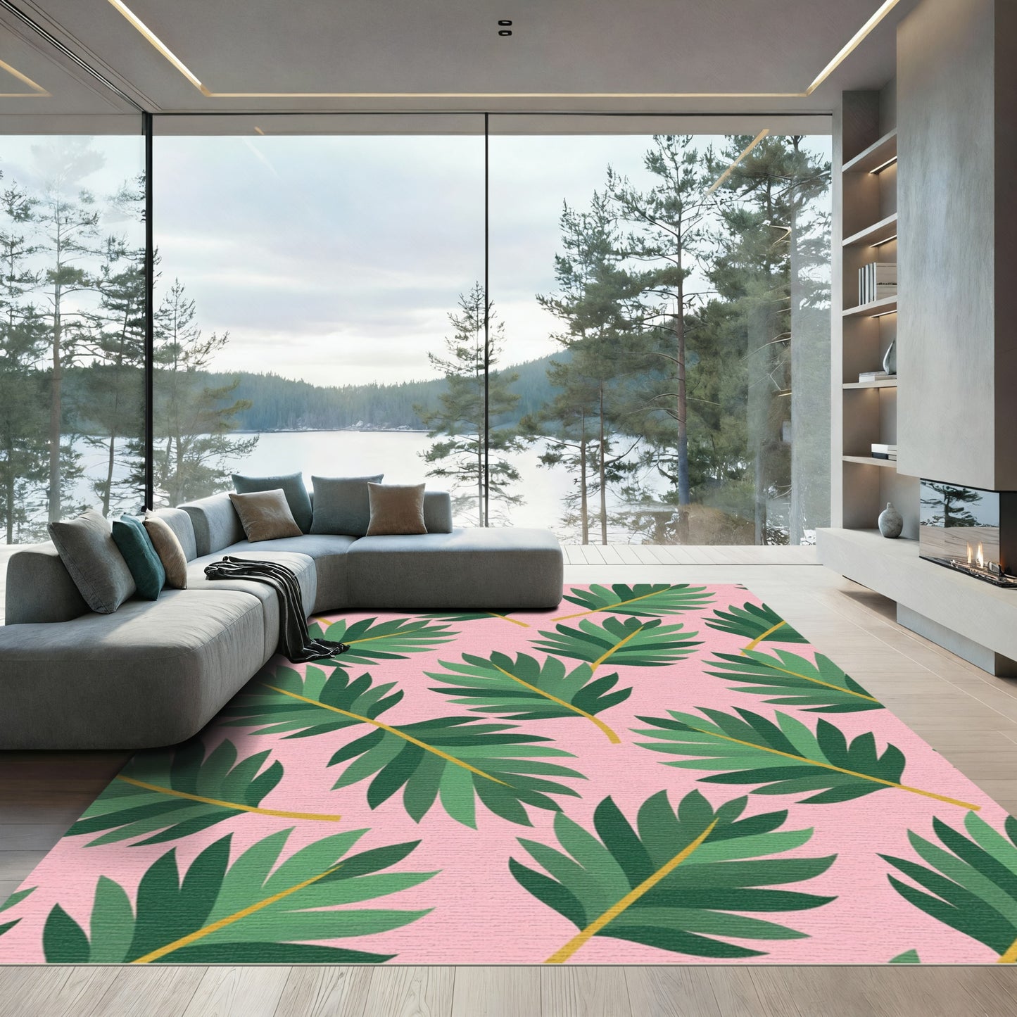 Pink Green Palm Leaf Repeat Rug
