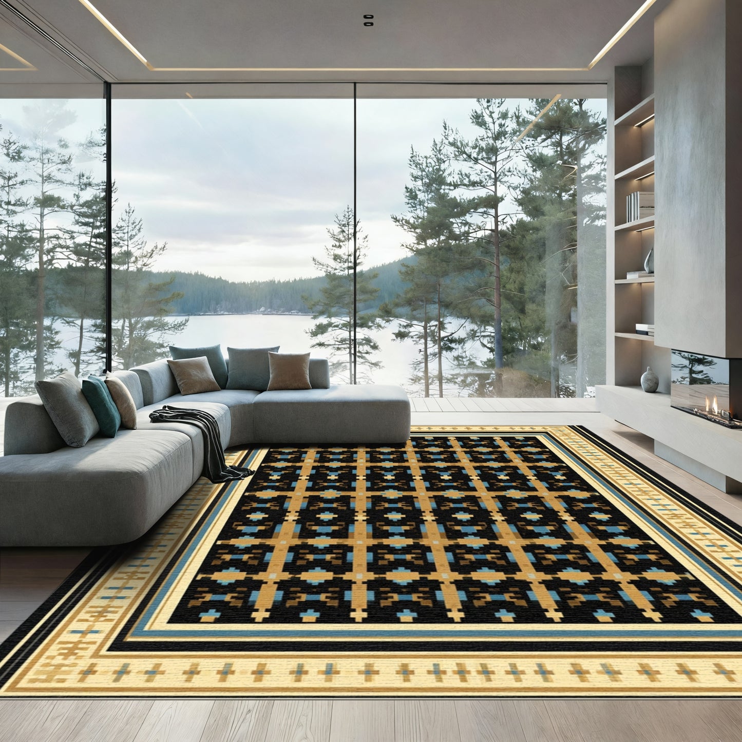 Ancient Geometric Black Gold Blue Rug