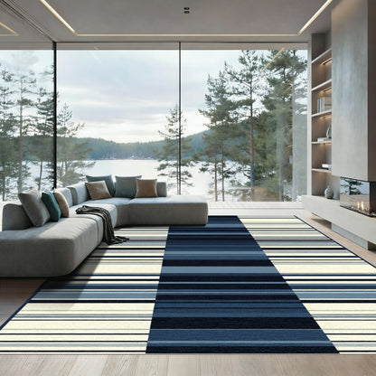 Midnight Blue Cream Striped Rectangles Rug