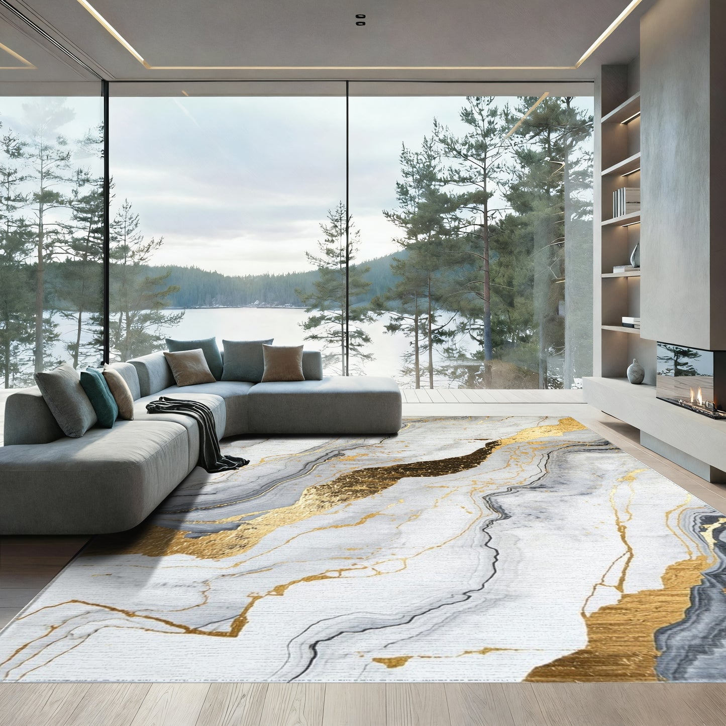 Gold Veined Gray Marble Rug