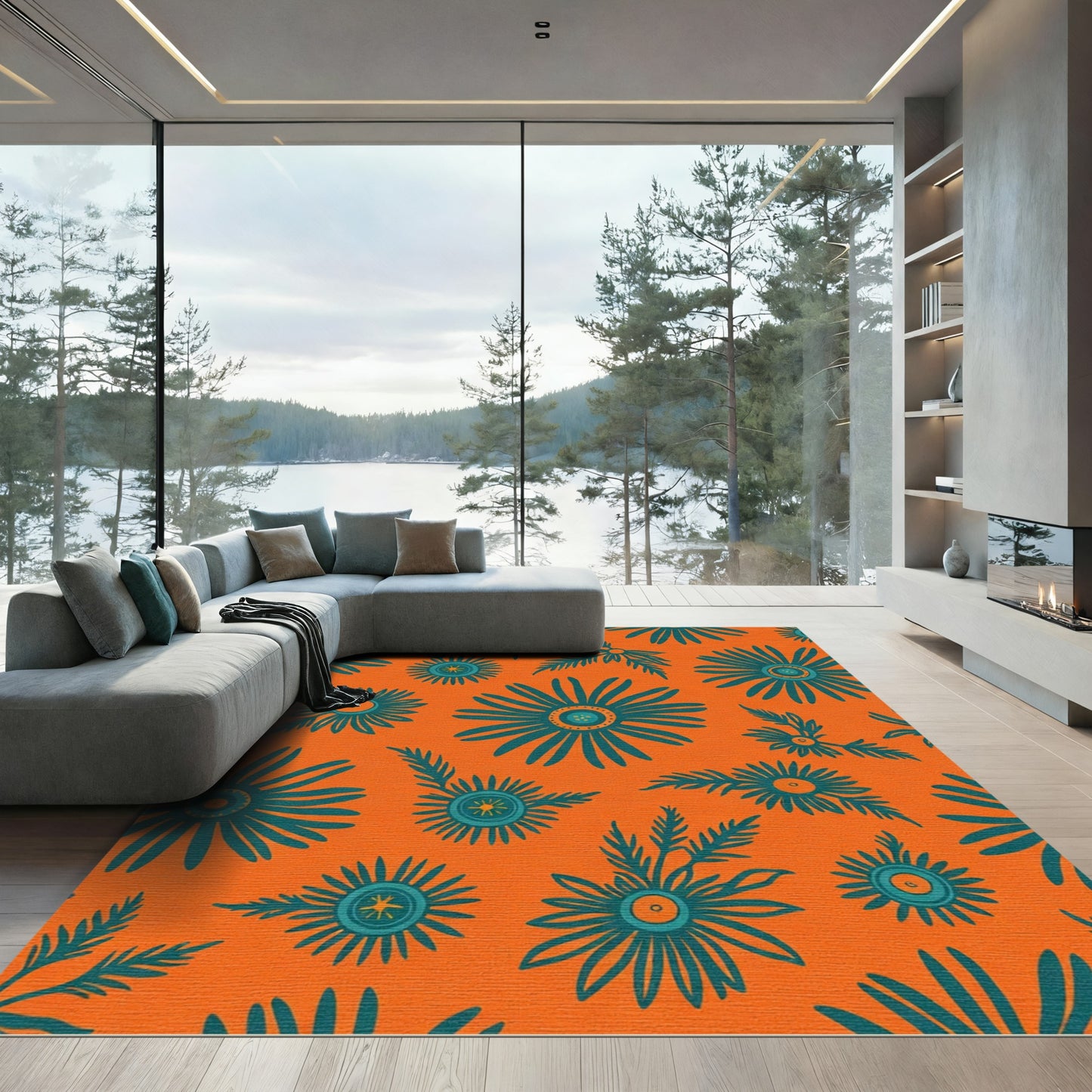 Teal Daisy Blooms Orange Background Rug