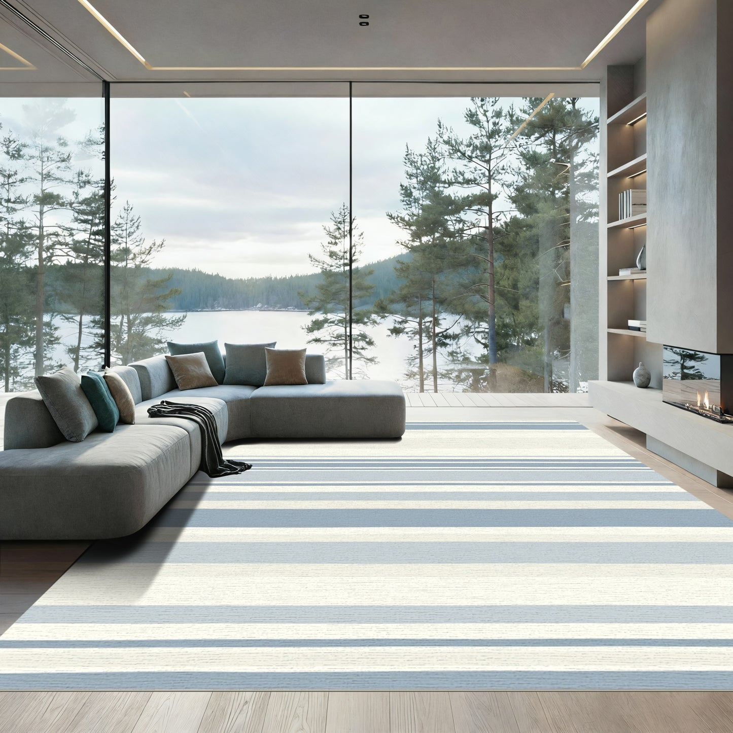 Coastal Blue Neutral Stripe Rug