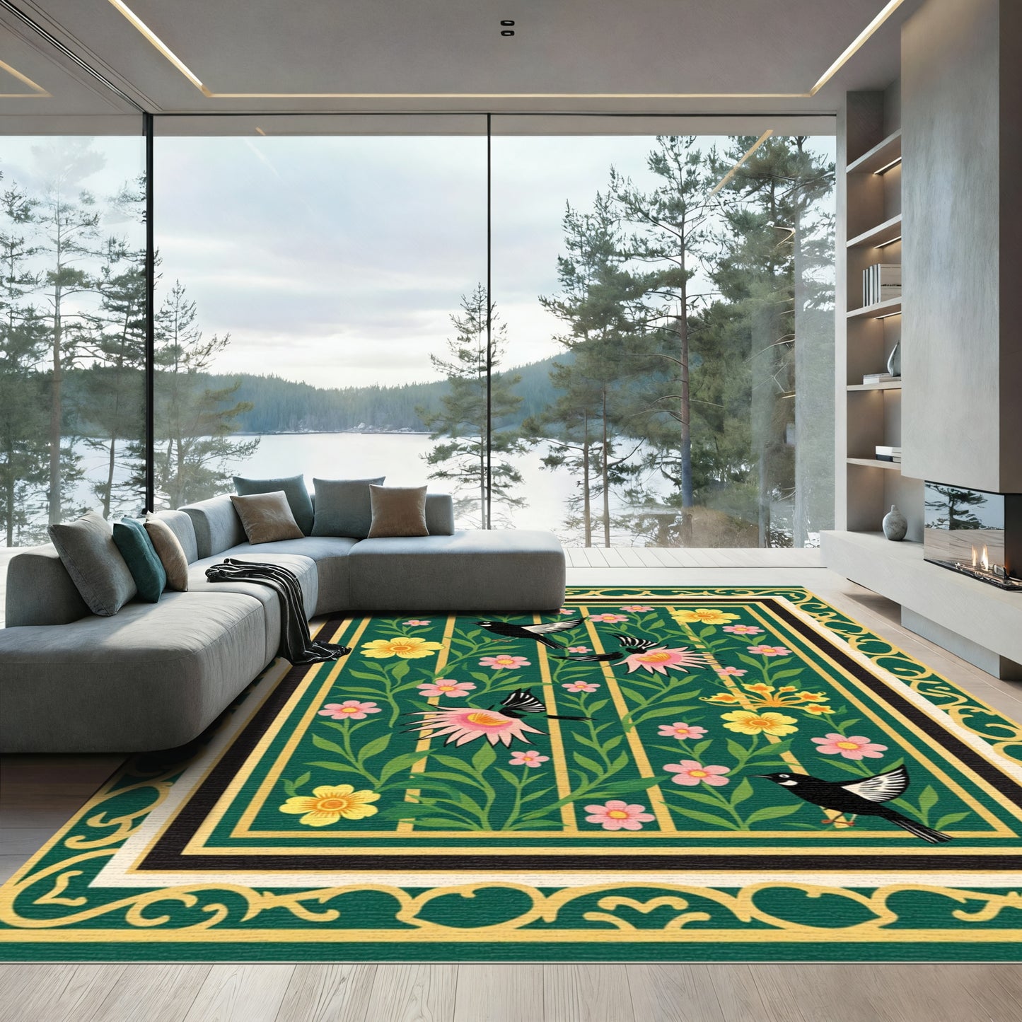 Emerald Green Birds Garden Floral Rug