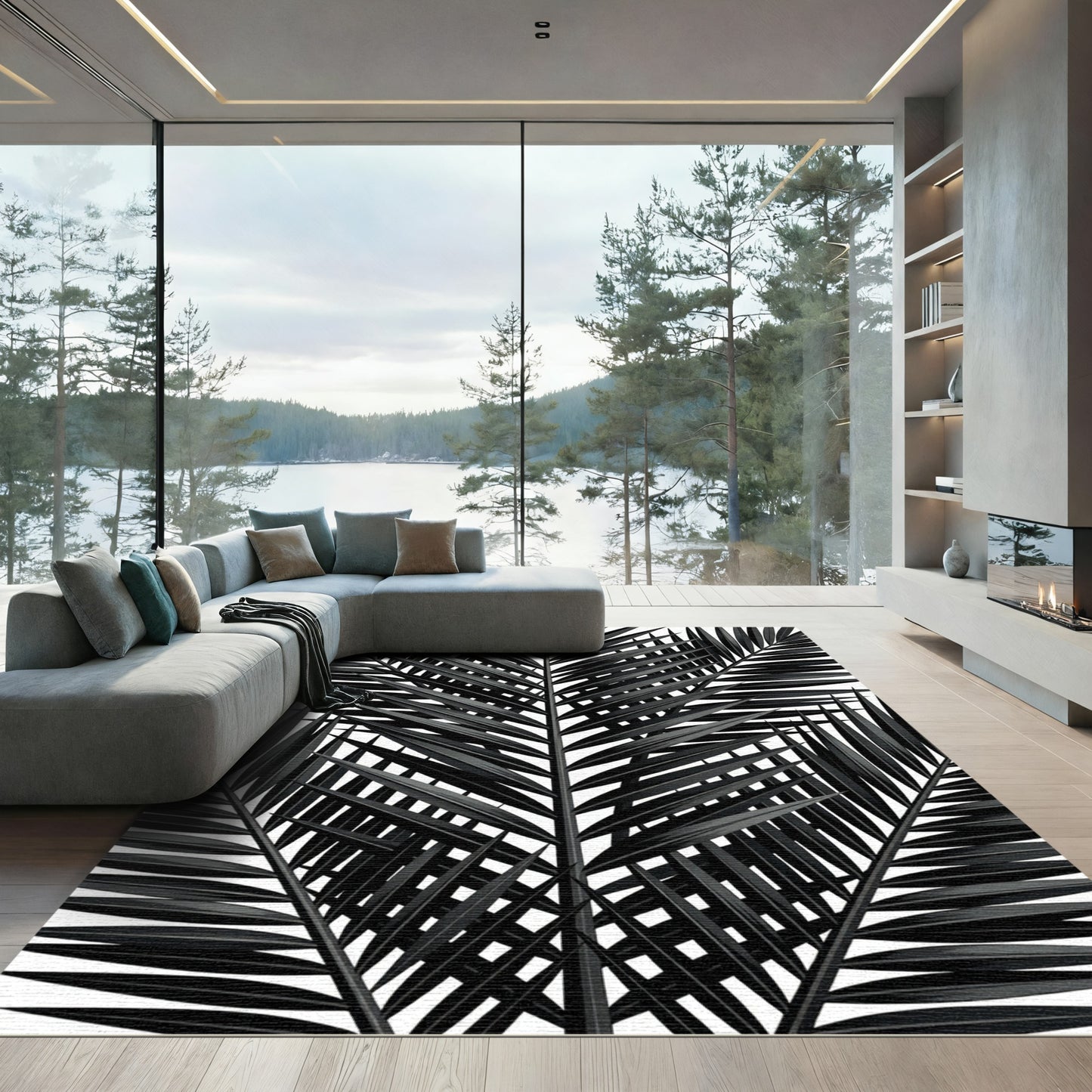Elegant Black Palm Frond Pattern Rug