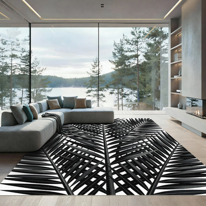 Elegant Black Palm Frond Pattern Rug