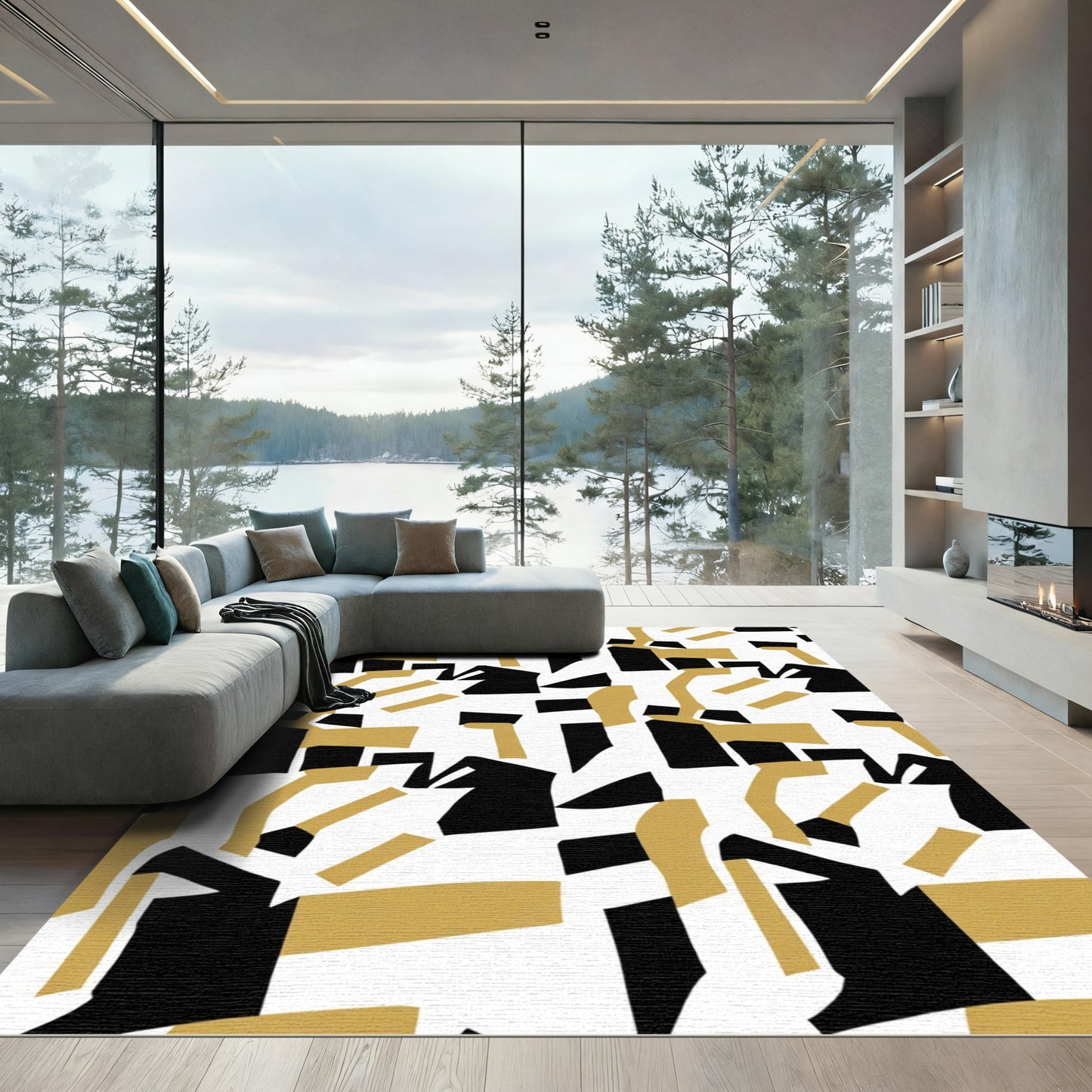Modern Abstract Black Gold Shapes Rug