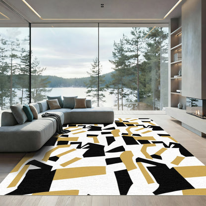 Modern Abstract Black Gold Shapes Rug