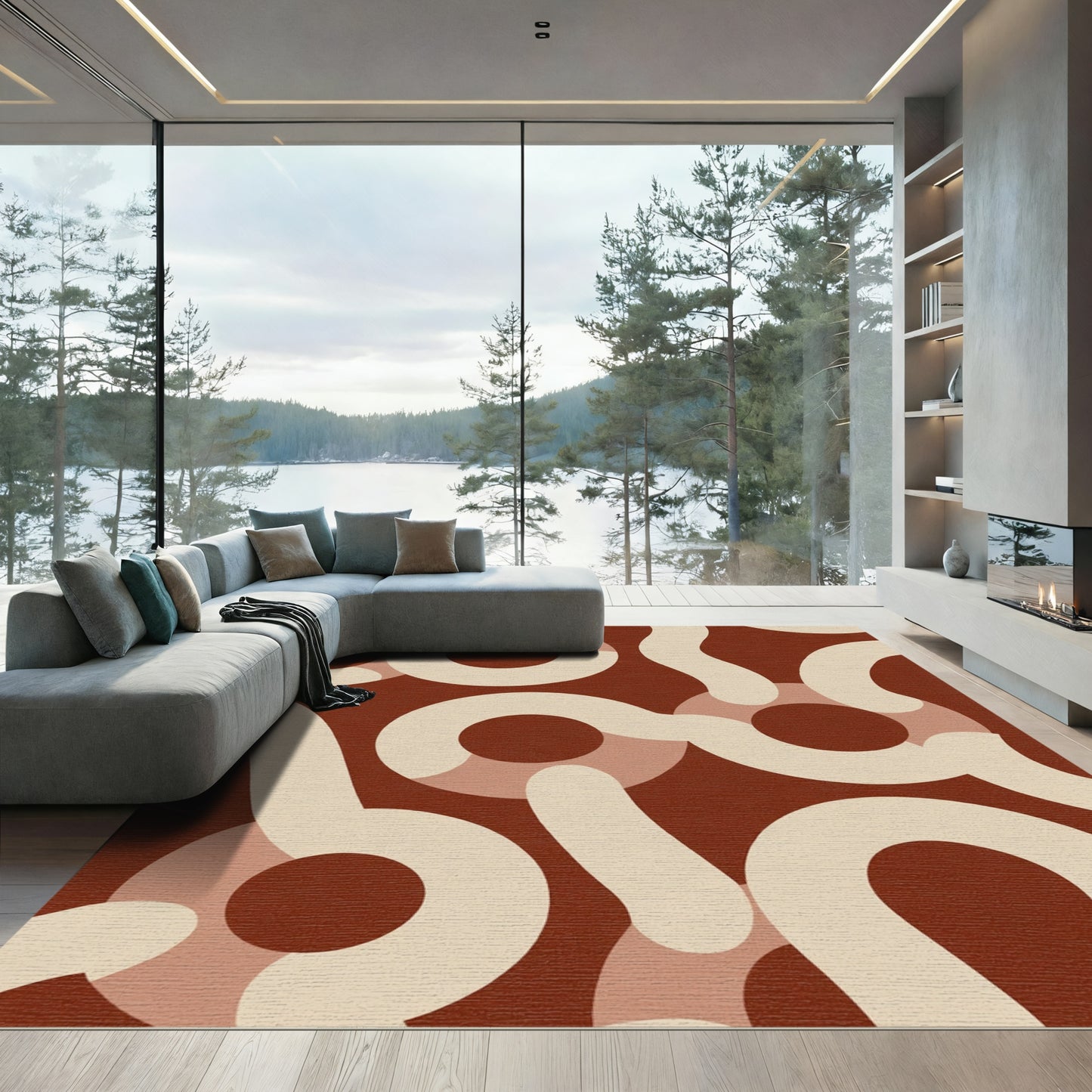 Red Abstract Swirl Geometric Rug