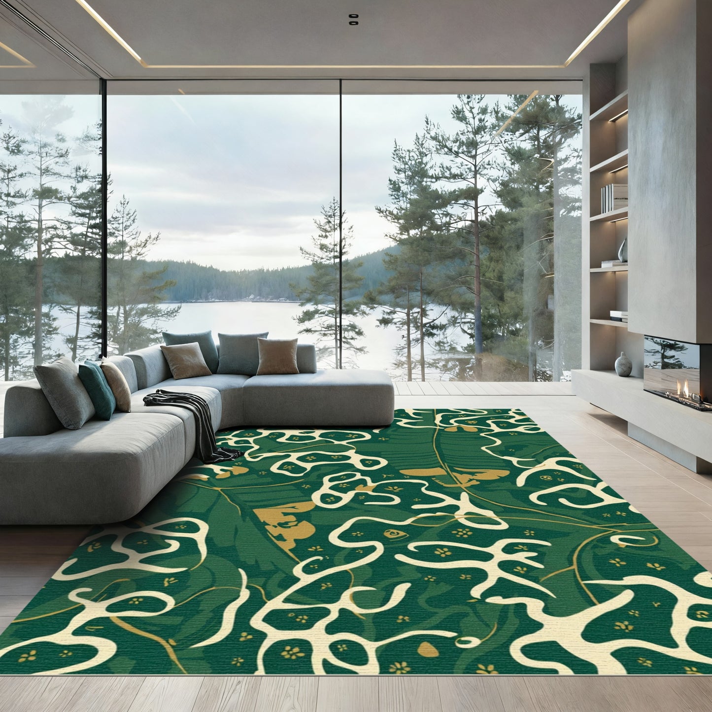 Deep Green Botanical Swirl Abstract Rug
