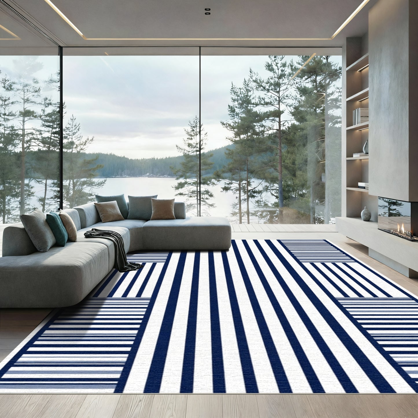 Navy White Striped Contemporary Geometric Rug