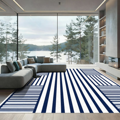Navy White Striped Contemporary Geometric Rug