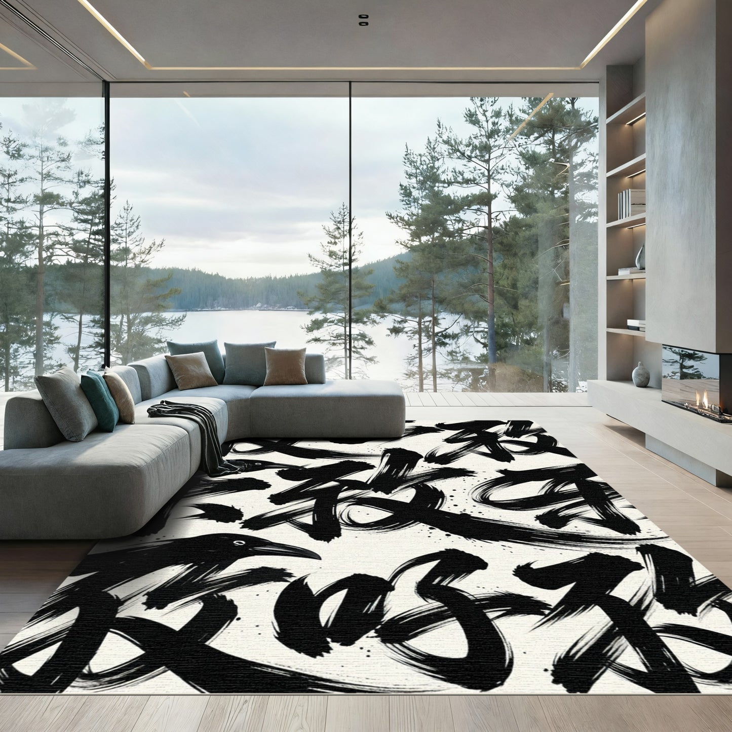 Black Ink Brush Strokes With Crow Rug