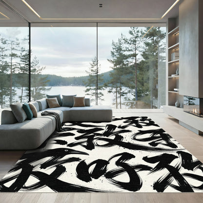 Black Ink Brush Strokes With Crow Rug