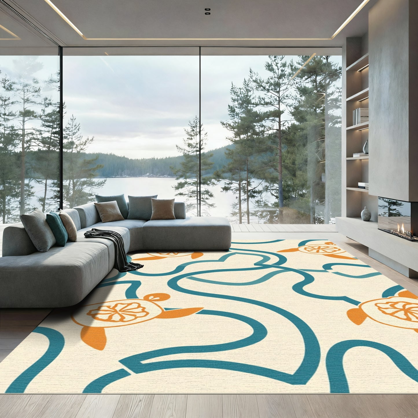 Coastal Orange Turtle Wave Rug