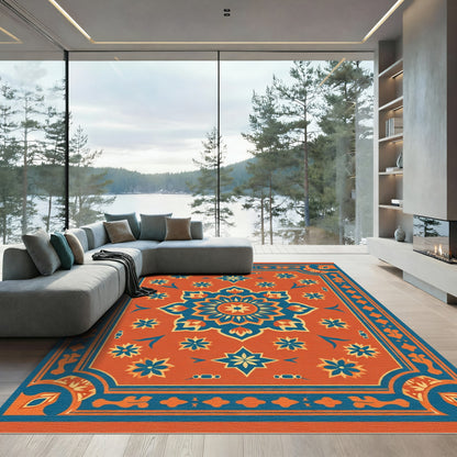 Orange Blue Floral Medallion Border Rug