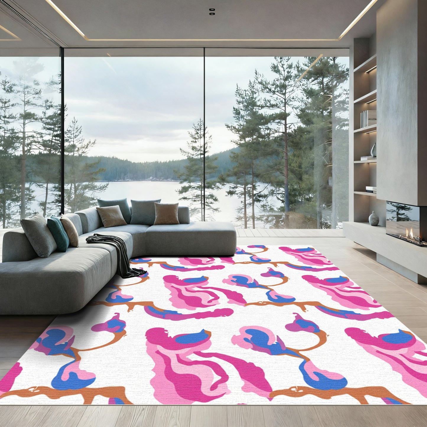 Abstract Pink Blue Brown Flowing Swirls Rug