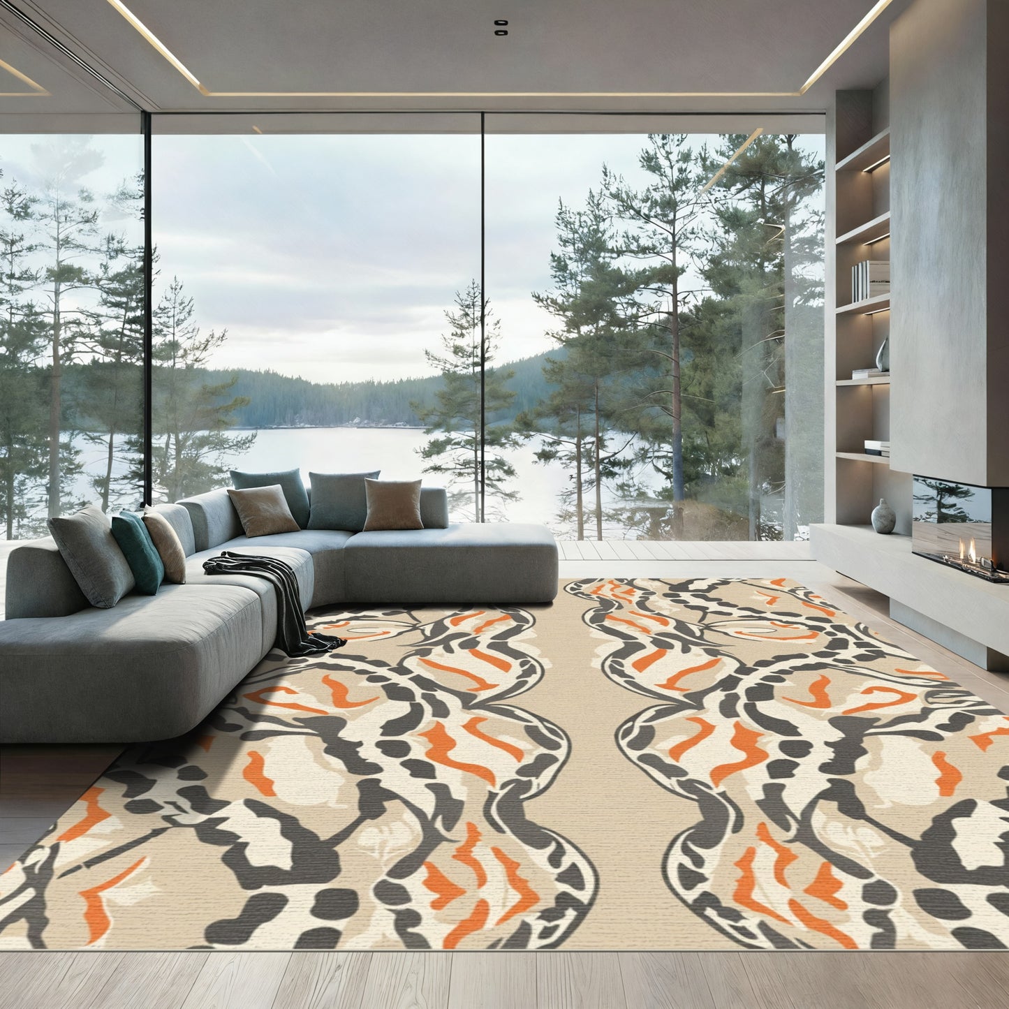 Neutral Orange Abstract Chain Linking Rug