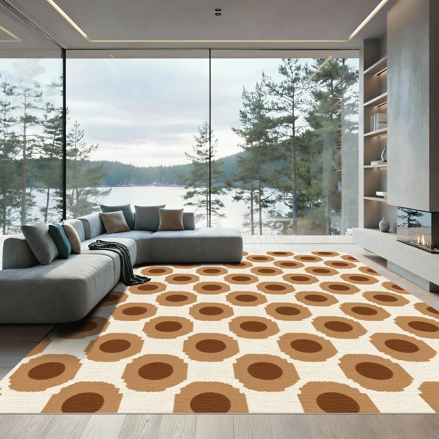 Brown Circle Sunburst Grid Rug