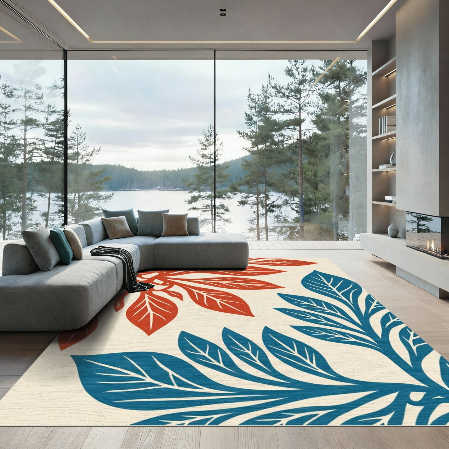 Red Blue Leafy Branch Art Rug
