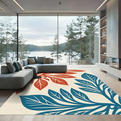 Red Blue Leafy Branch Art Rug