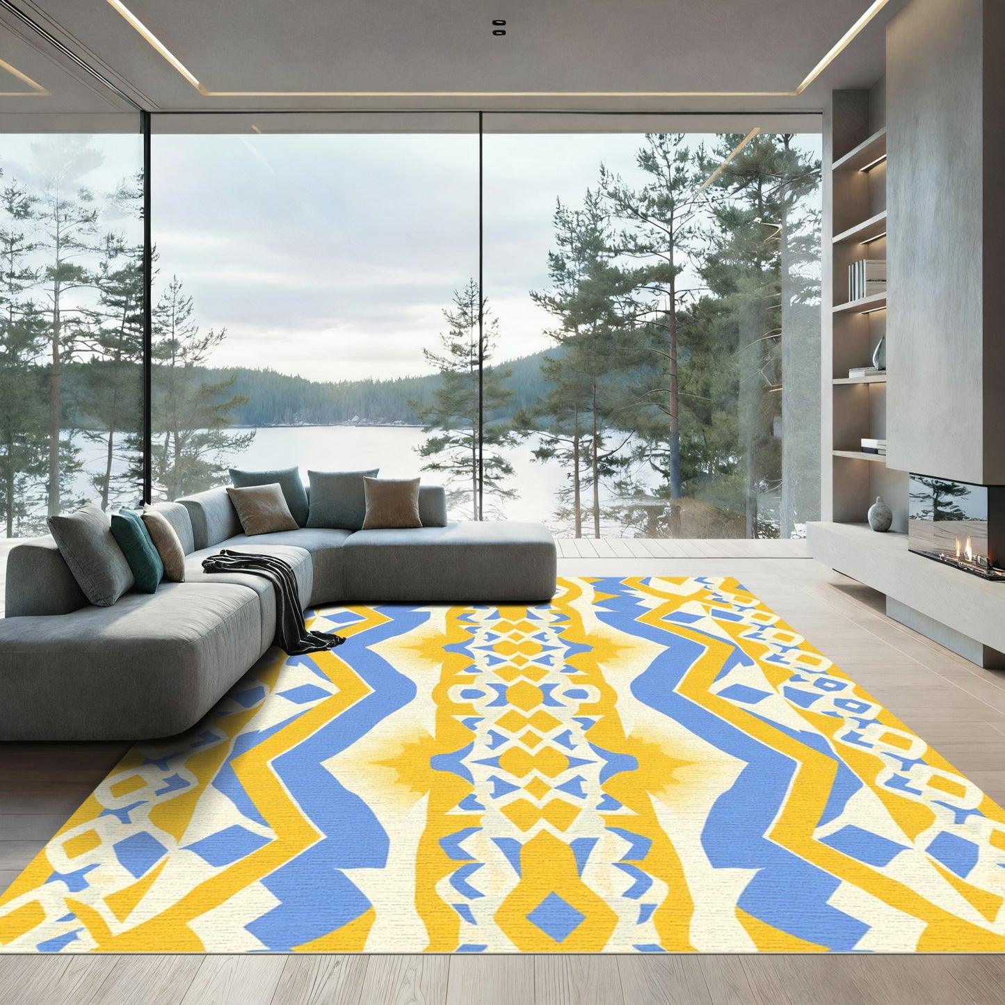 Yellow Blue Cream Geometric Tribal Rug