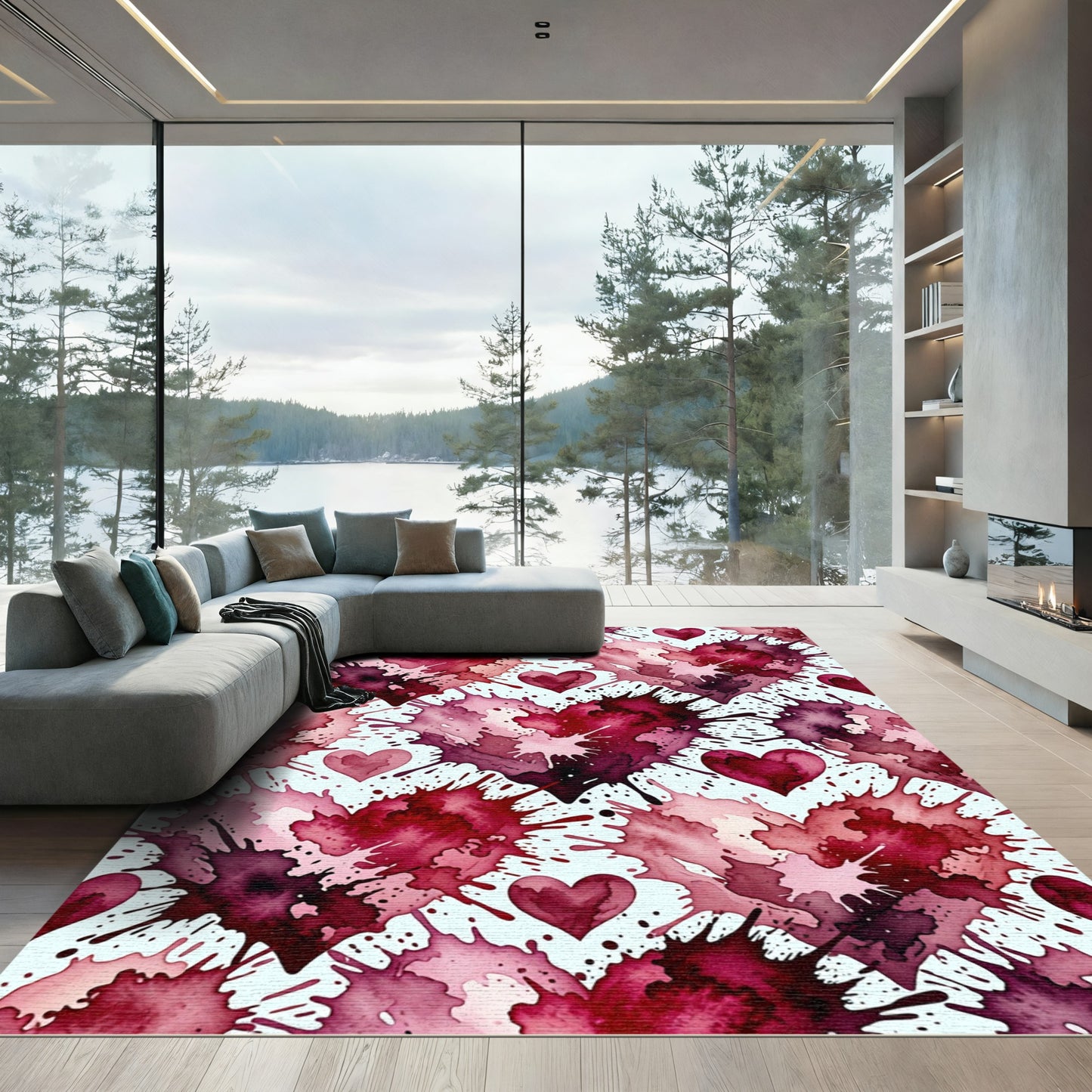 Crimson Pink Splatter Heart Collage Rug