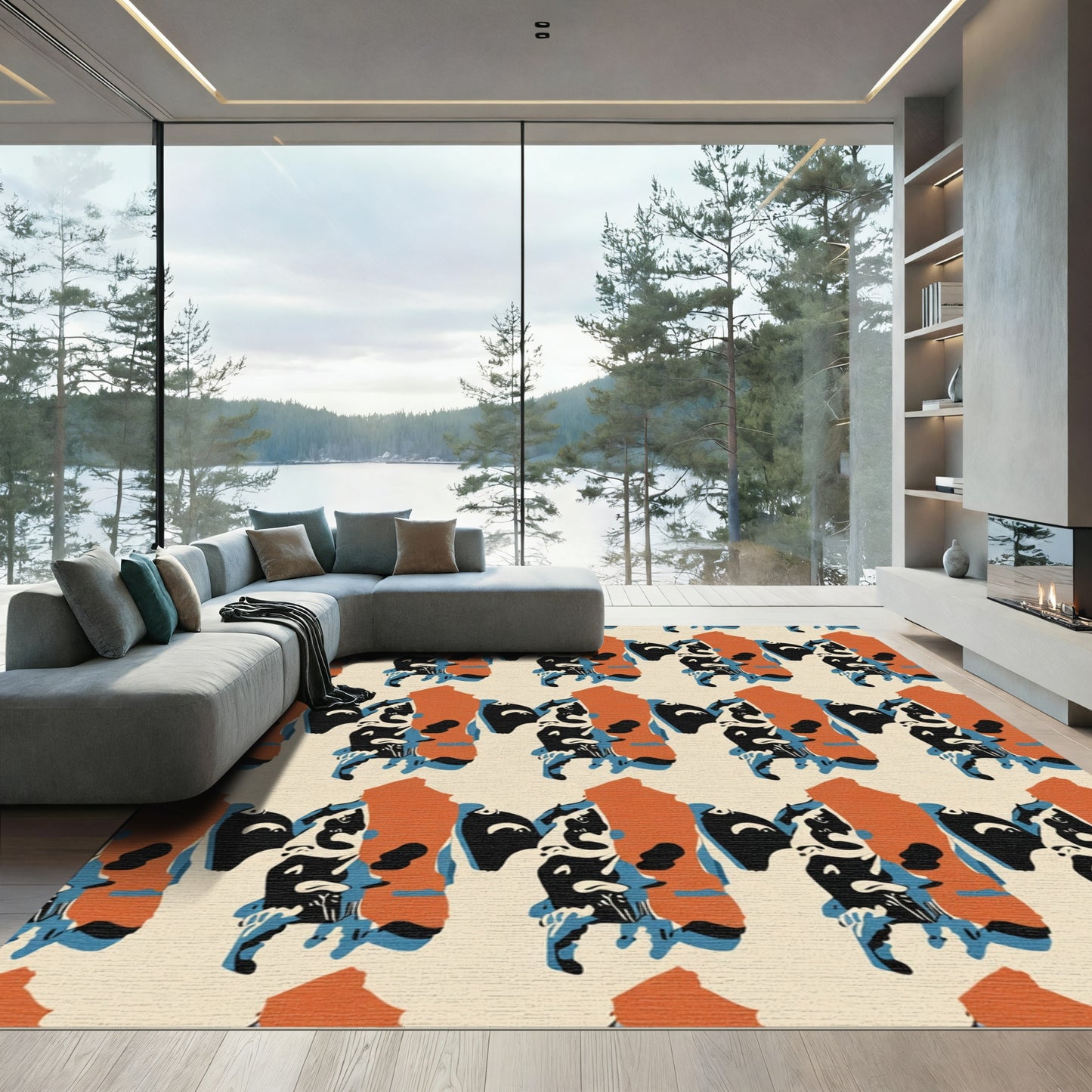 Terracotta Blue Black Abstract Figure Rug