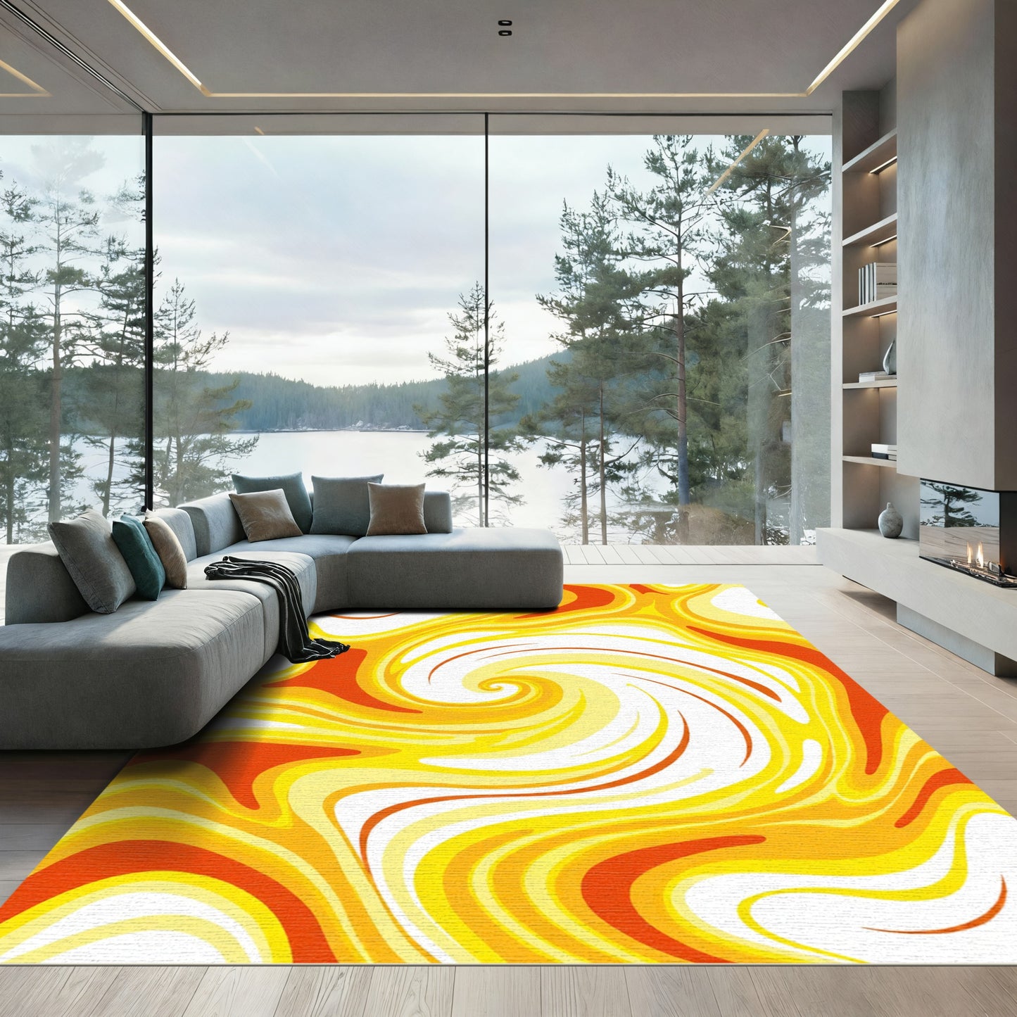 Vibrant Swirling Fire Yellow Orange Rug