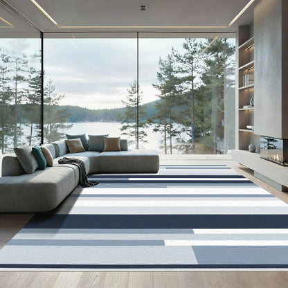 Modern Horizontal Blue White Stripe Rug