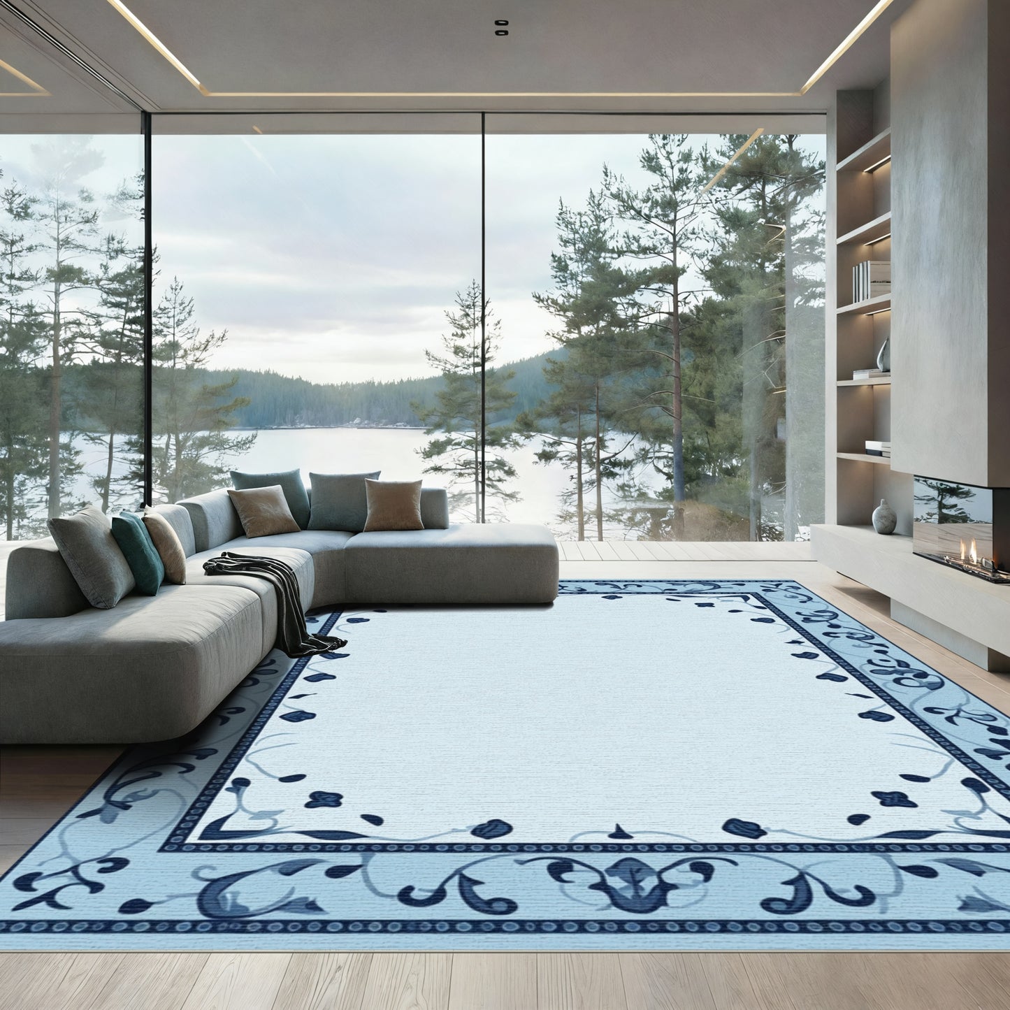 Pale Blue Floral Accented Border Rug