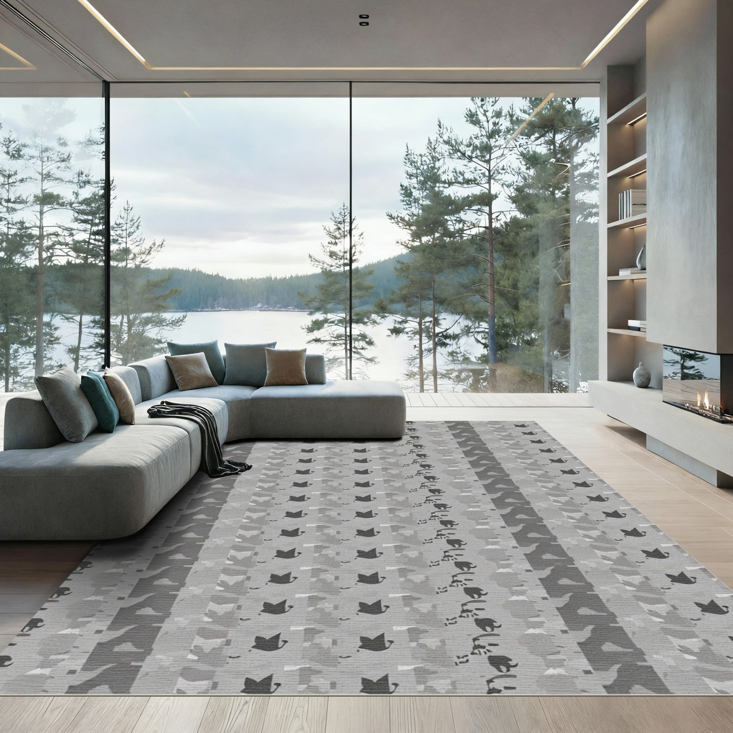 Monochrome Elephant And Leaf Stripes Rug