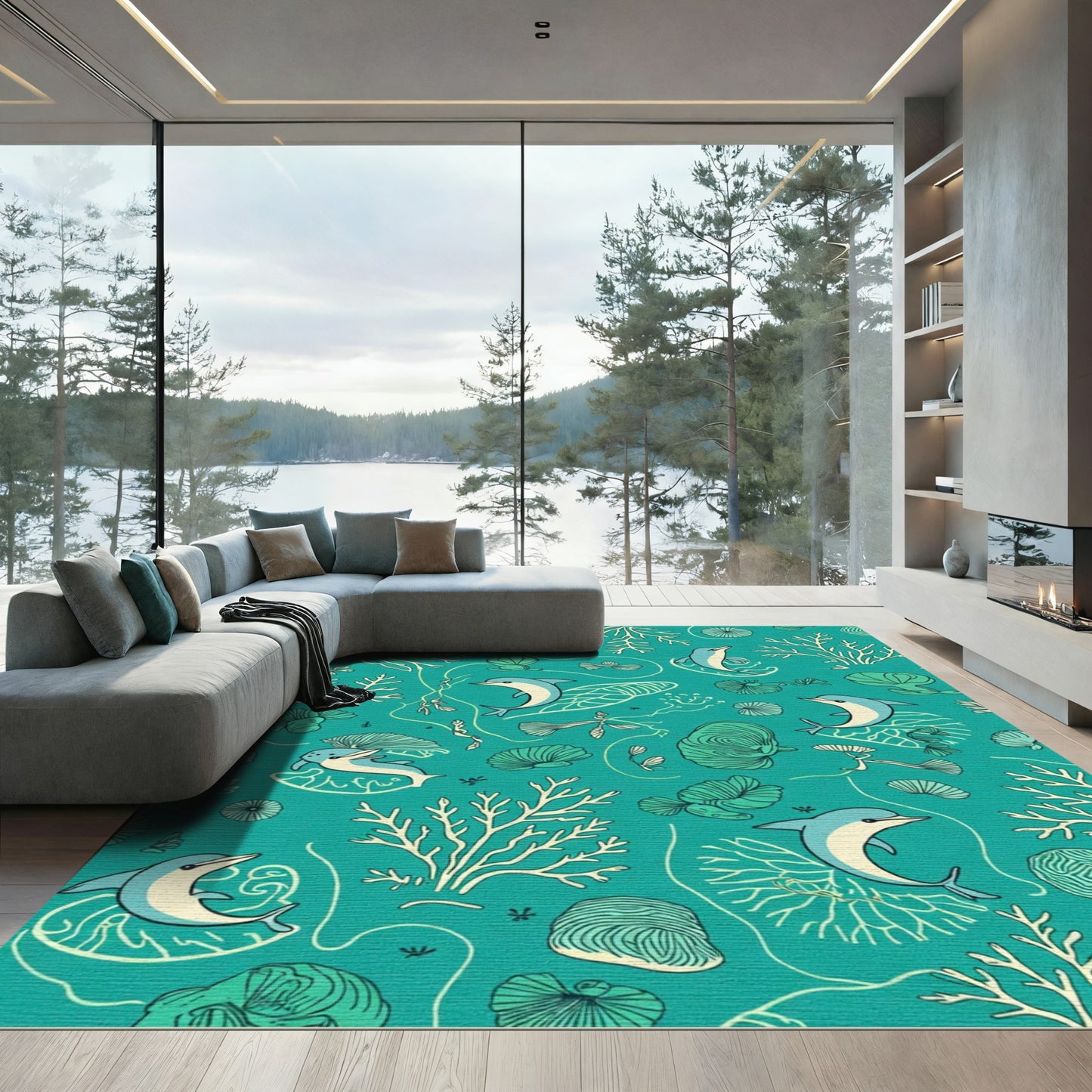 Playful Blue Dolphins Coral Reef Scene Rug