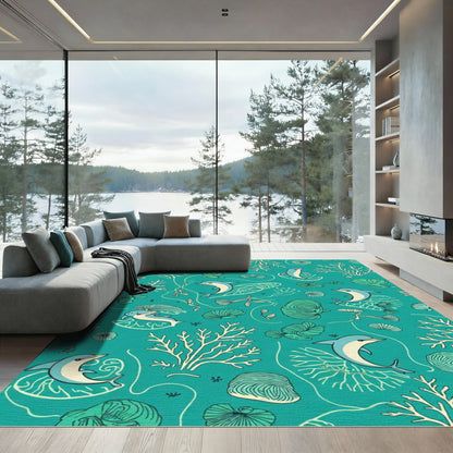 Playful Blue Dolphins Coral Reef Scene Rug