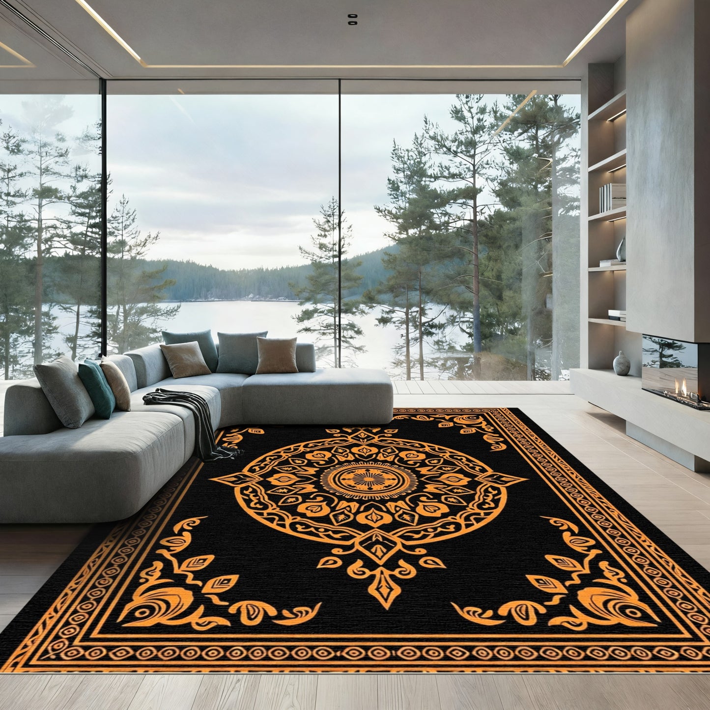 Orange Floral Medallion Frame Rug