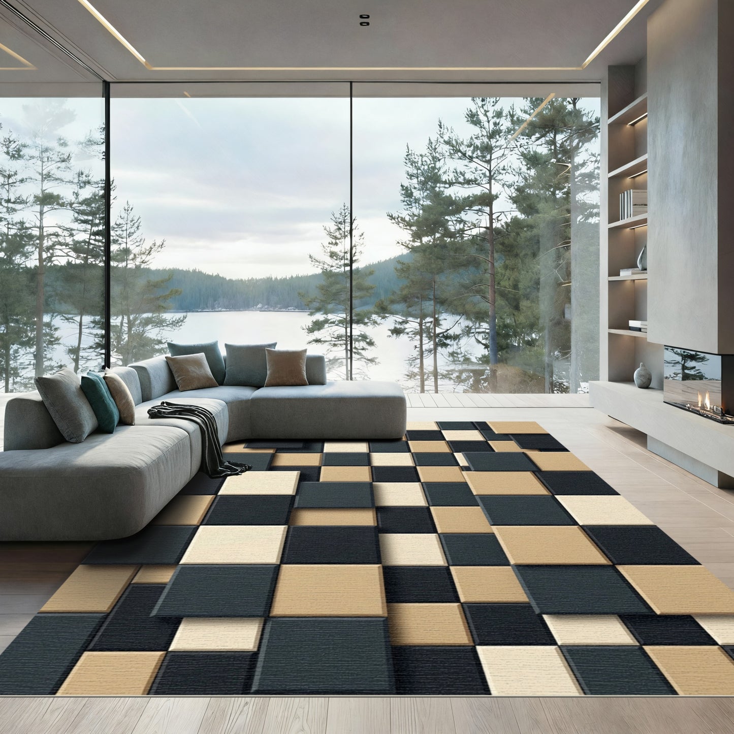 Checkered Squares Tan Black Cream Rug