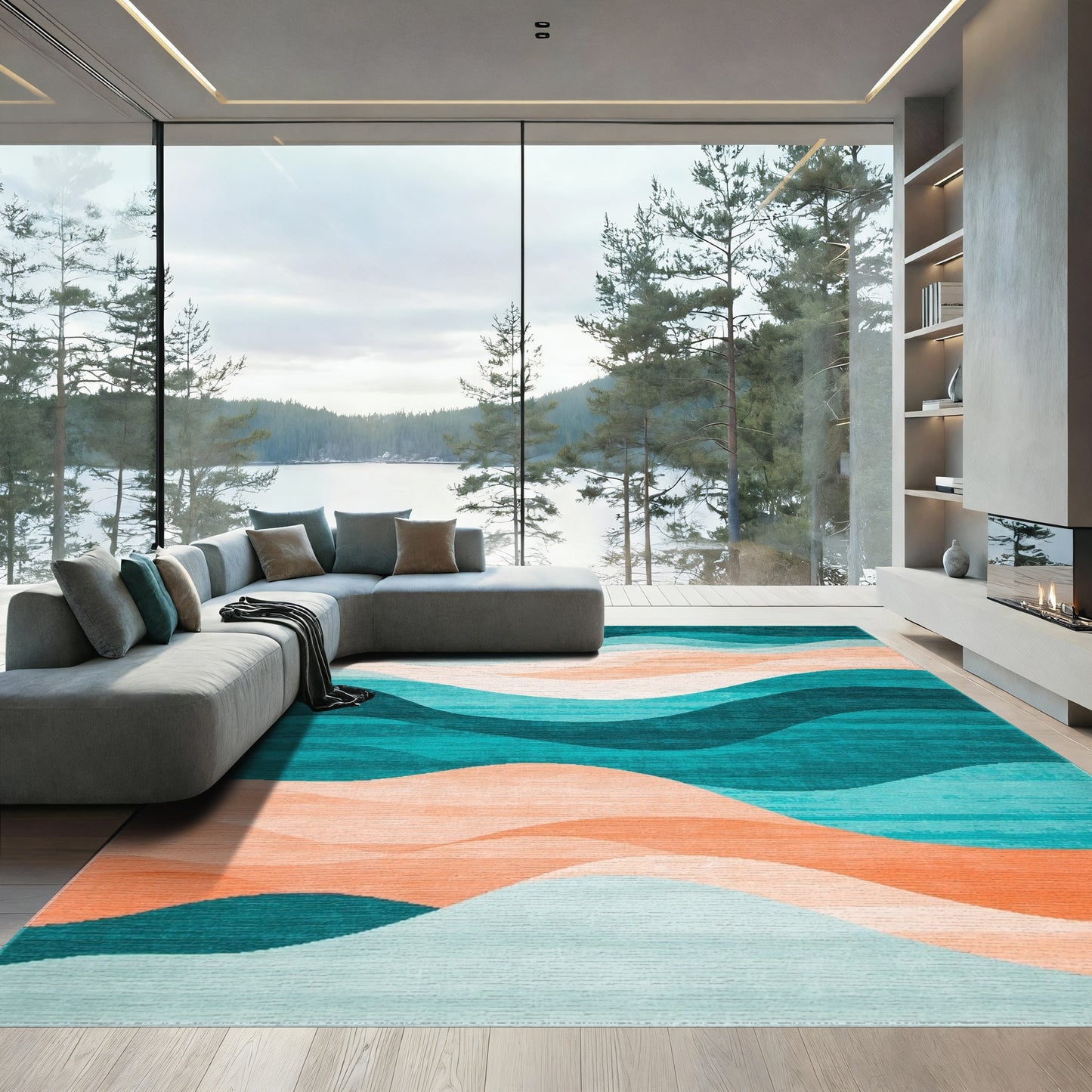 Teal Peach Wavy Layered Rug