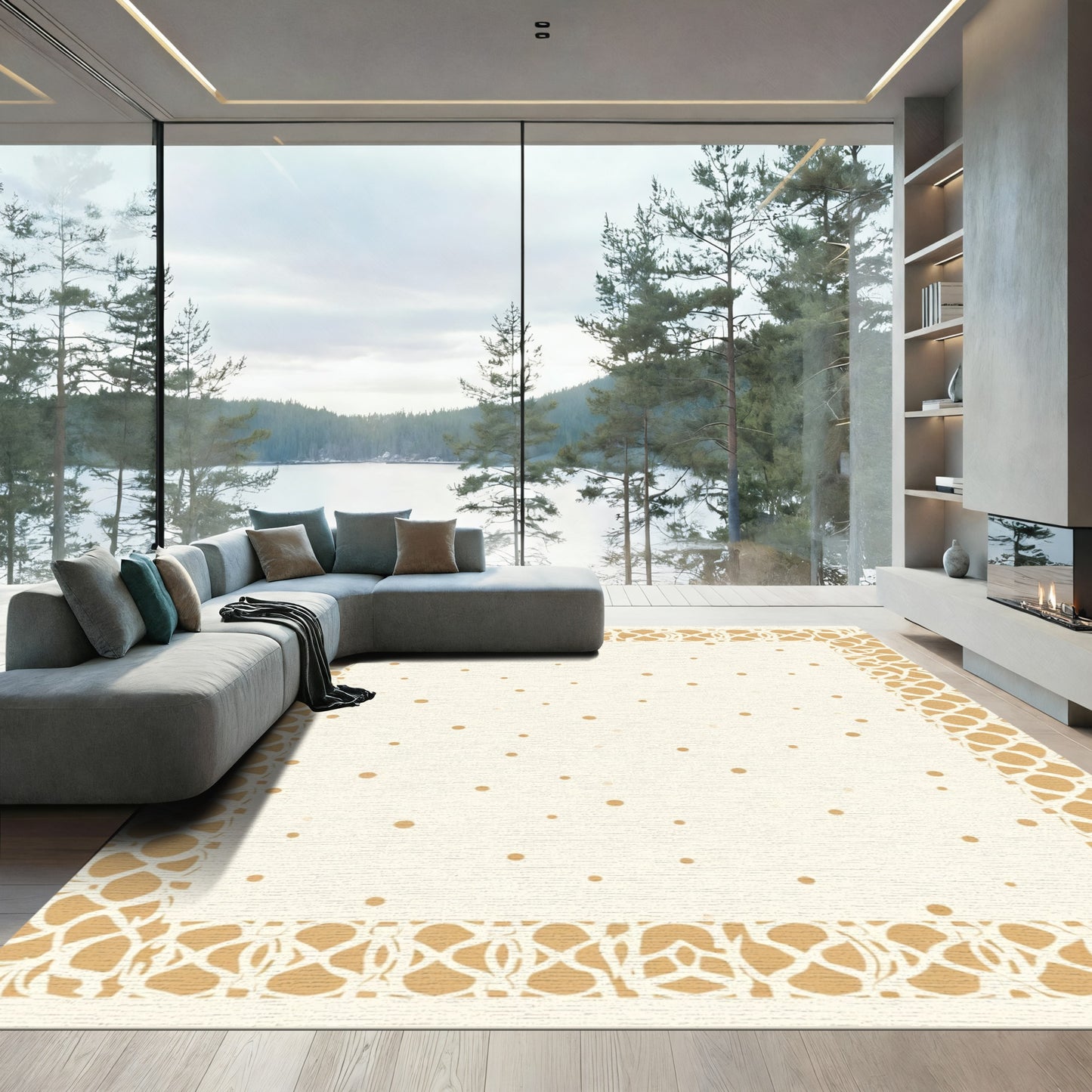 Cream and Gold Dot Border Rug
