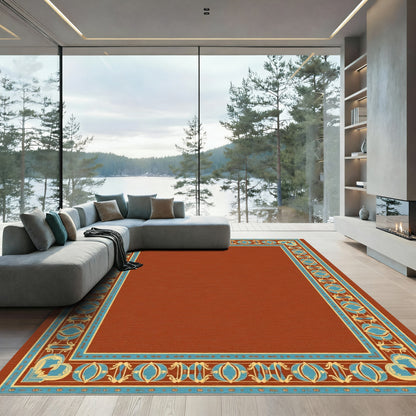 Terracotta Bordered Geometric Scroll Rug