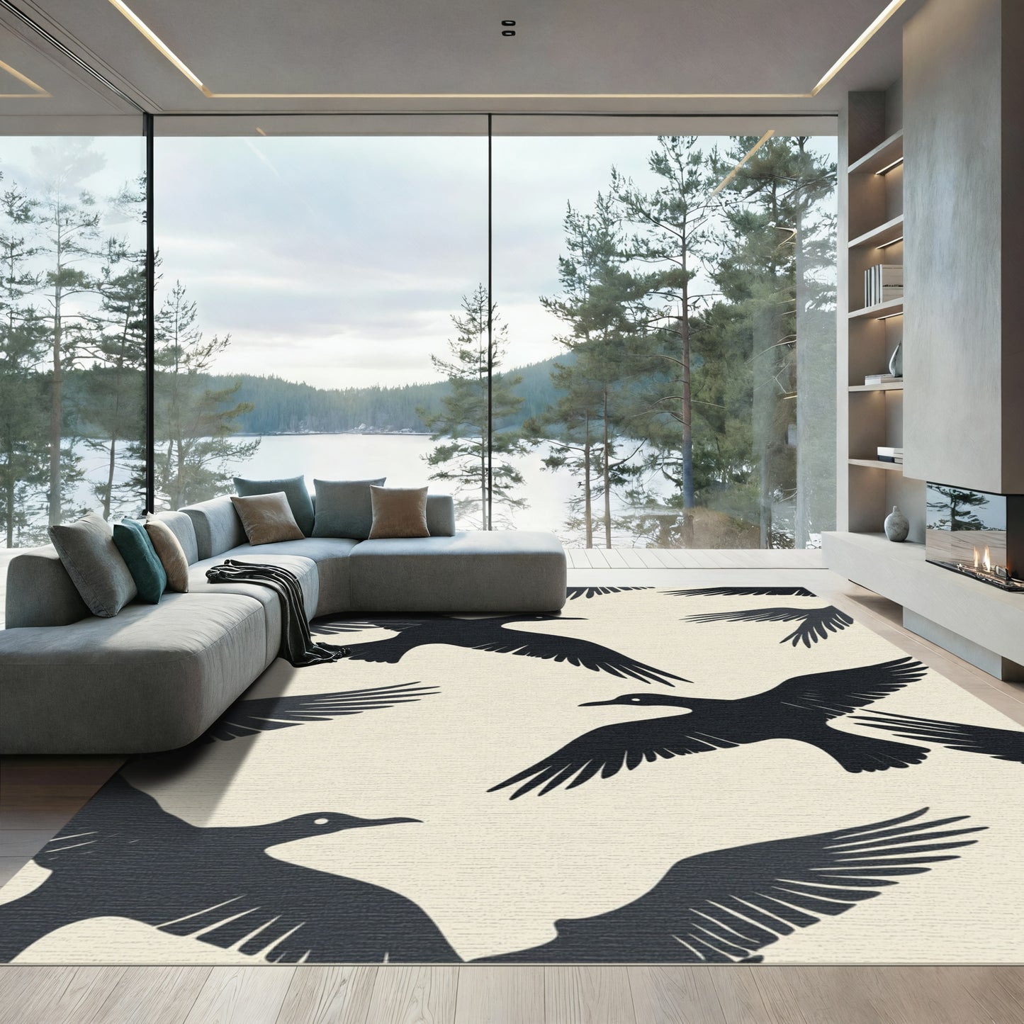 Minimalist Black Birds Flock Rug