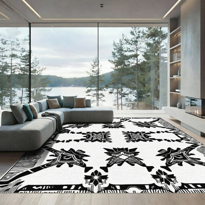 Central Black White Abstract Floral Rug